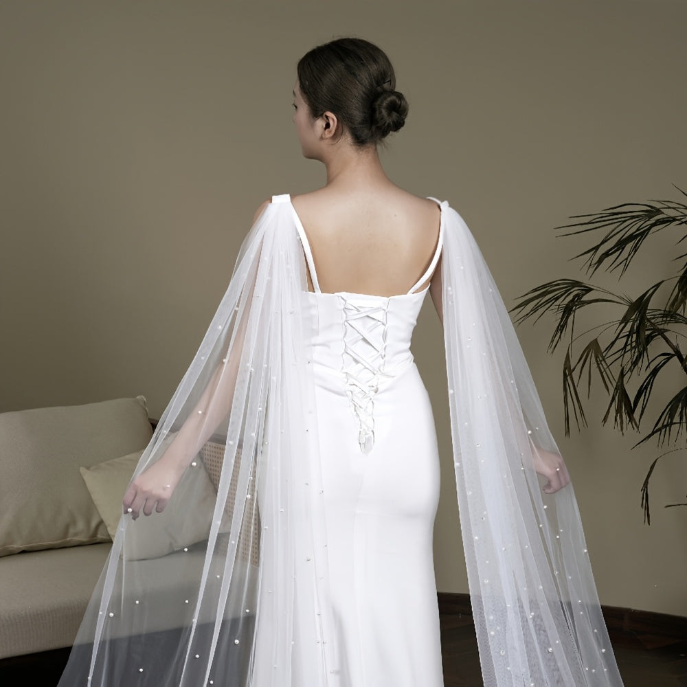 Bridal Veil Shawls Beaded Faux Pearl V Neck Long Sleeve for Weddings