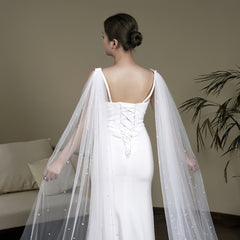 Bridal Veil Shawls Beaded Faux Pearl V Neck Long Sleeve for Weddings