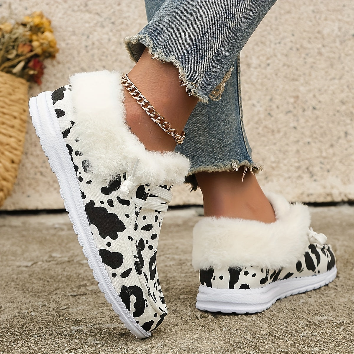 Women's Dairy Cow Print Thickened Snow Sneakers Warm Sport Shoes