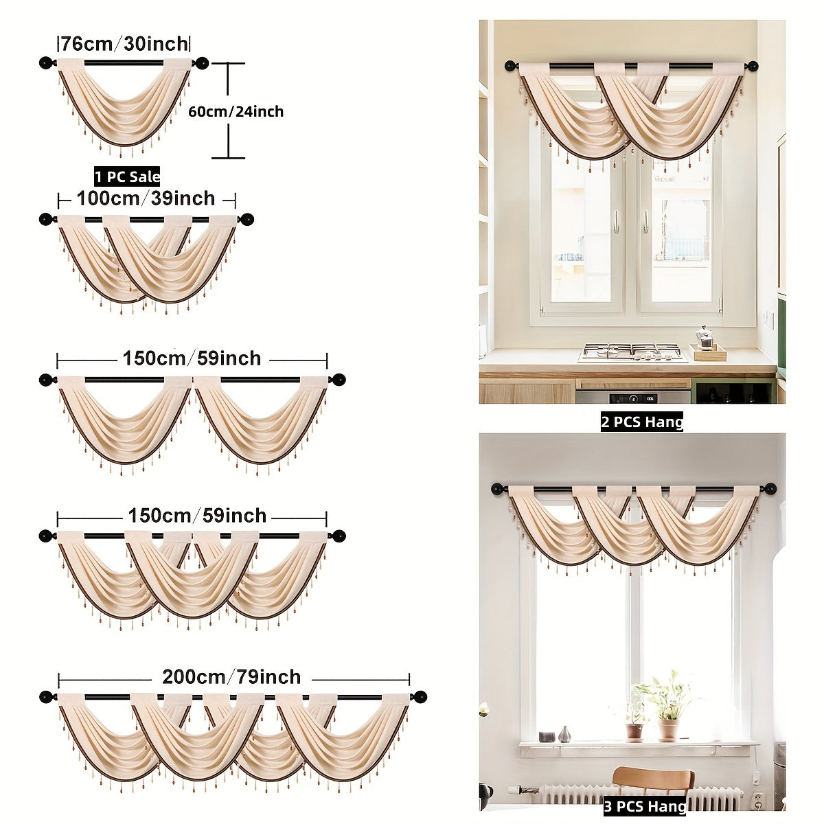 Solid Wave Valance Chenille Short Curtain Bead Rod Pocket Window Curtain