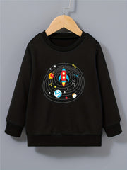 Cartoon Rocket Print Boys Sweatshirt Long Sleeve Crew Neck Tops