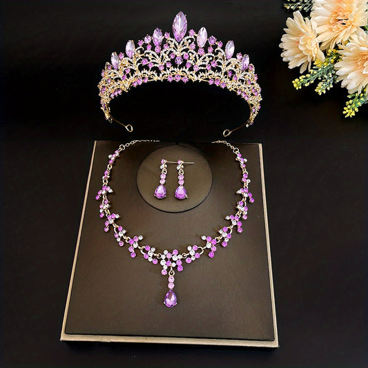 3pcs Bridal Crown Necklace Earrings Set Wedding Accessories