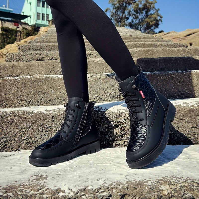 Women's Quilted Snow Boots Round Toe Lace Up Ankle Boots