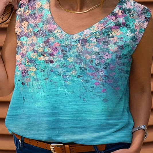Floral Print V Neck Tank Top Medium Stretch
