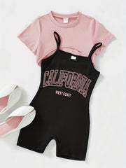 Girls 2 Piece Outfits Short Sleeve Crop Top Cami Shorts Romper for Vacation