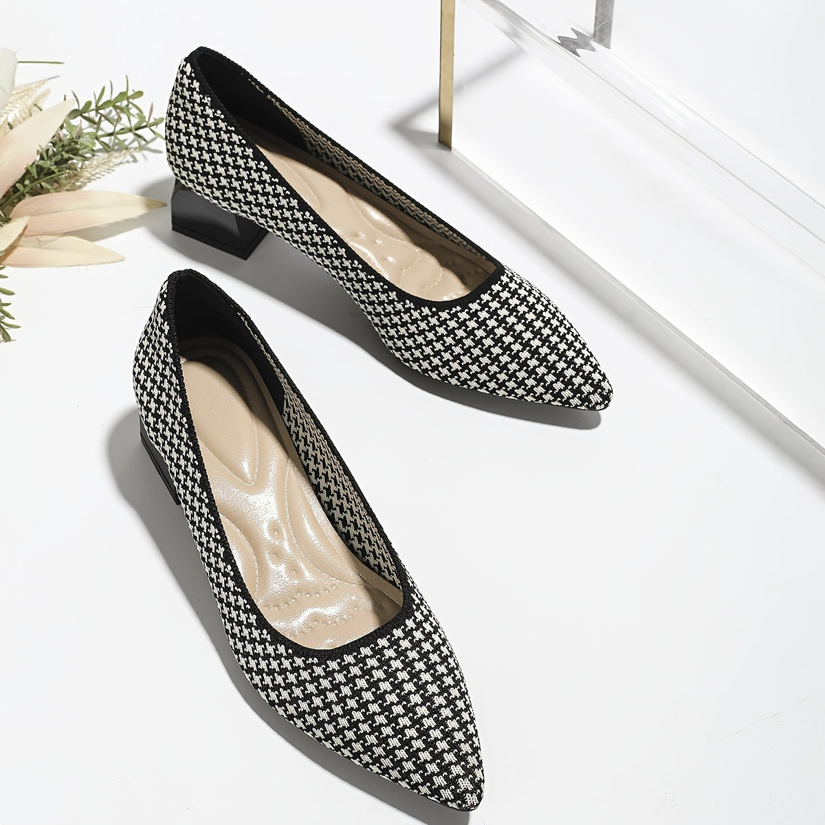 Women's Houndstooth Slip On Chunky Heels Lightweight Shoes