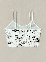 Y2K Backless Cami Top Planet Print Crop Spaghetti Top