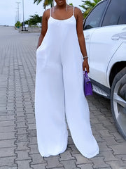 Casual Cami Jumpsuit Solid Round Neck Backless Wide Leg With Pockets