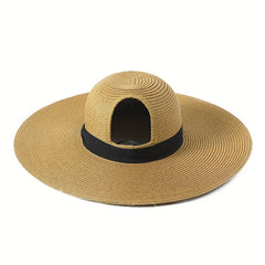 Black Hole Big Brim Sun Hat Solid Ponytail Straw Hat