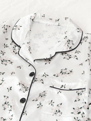 Flower Print Satin Pajama Set Comfy Short Sleeve Pocket Lapel Top & Bow Shorts