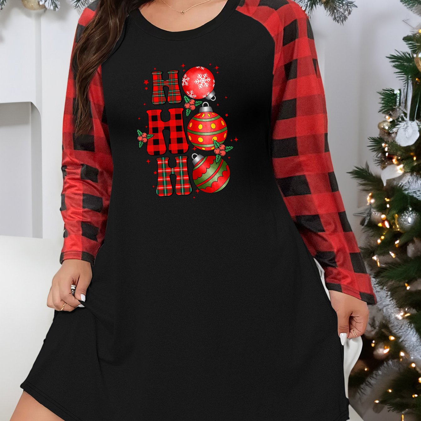 Christmas Casual Bell & Letter Print Plaid Raglan Sleeve Nightdress
