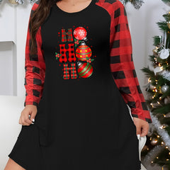 Christmas Casual Bell & Letter Print Plaid Raglan Sleeve Nightdress
