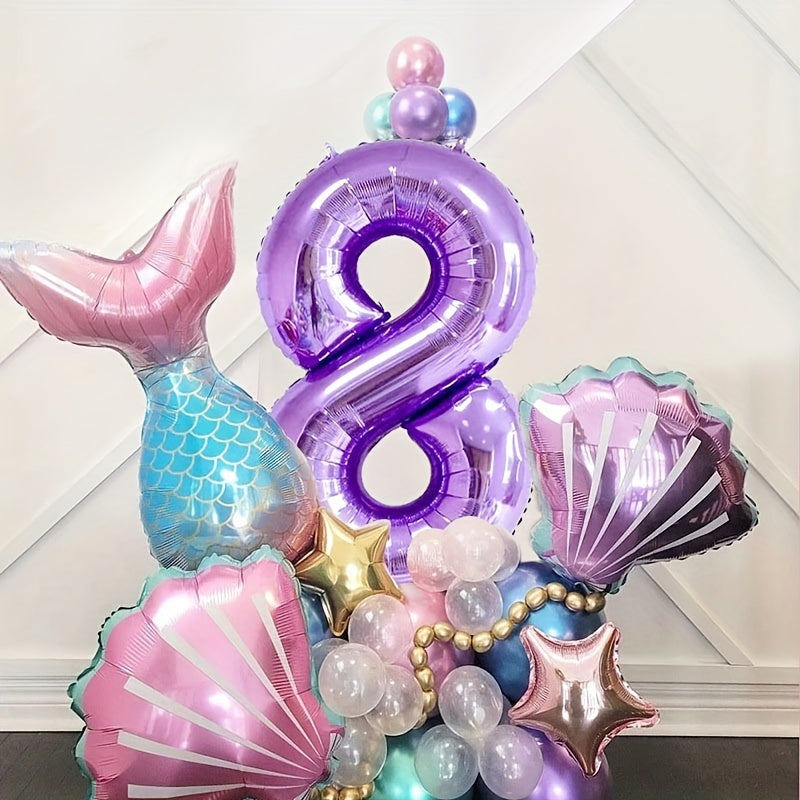 Mermaid Balloon Set Purple Number Aluminum Film Birthday Party Decoration