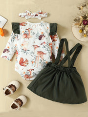 3PCS Baby Floral Print Romper & Suspender Dress Set