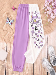Kid Girls' Butterfly Floral And Letter Graphic Colorblock Pants