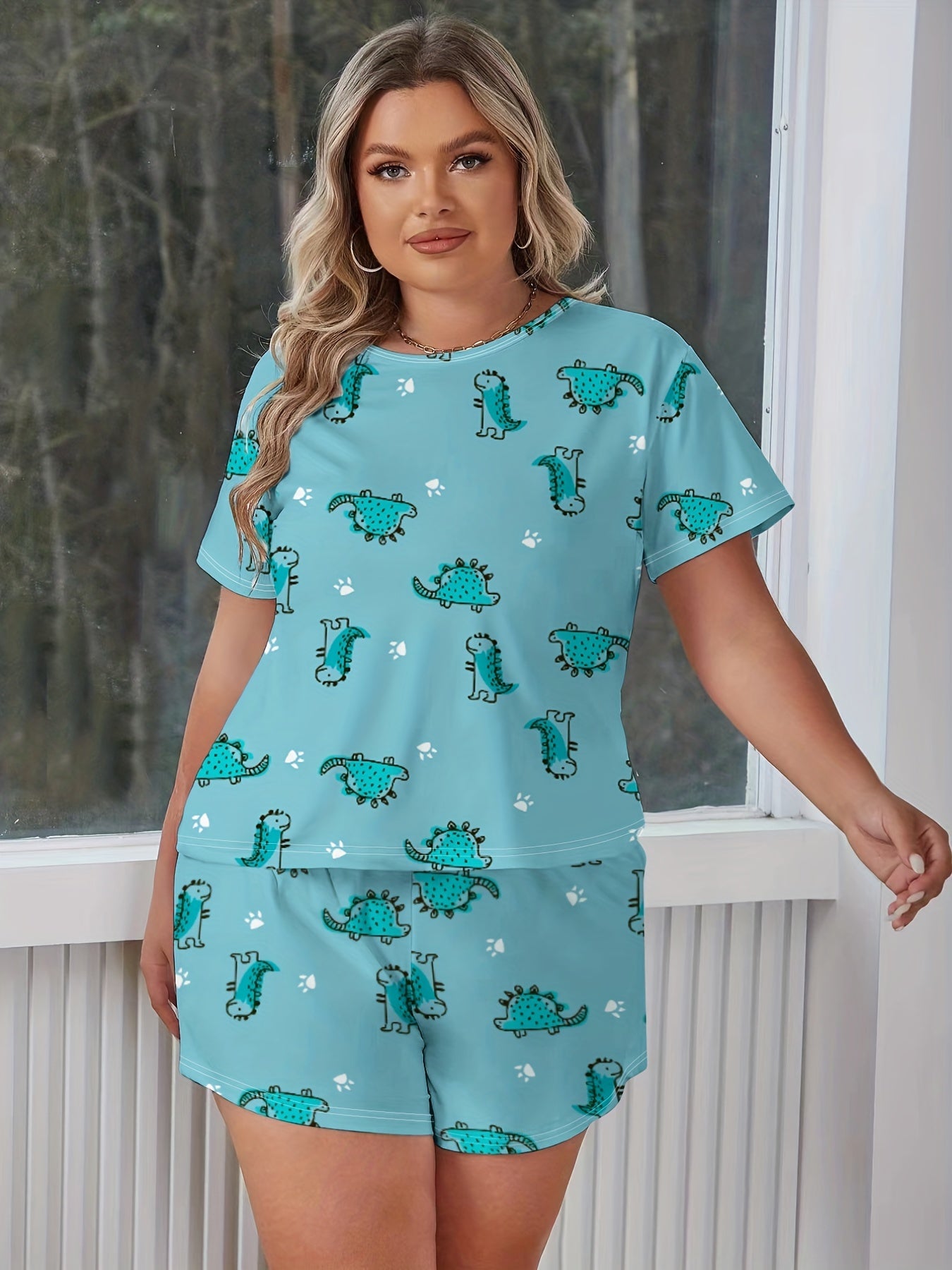 Plus Dinosaur Print Tee & Pants Set Women's Plus Size Loungewear 2pcs Set