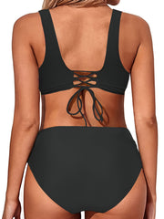 Layered V Neck Bikini Set High Waist Solid Two Piece Swimsuit