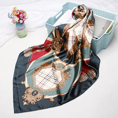 Plaid Army Green Silk Square Scarf Large Shawl Women Headwrap Hair Accessory
