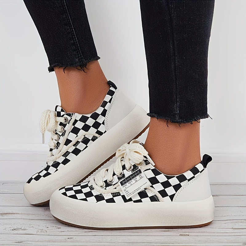 Women's Plaid Pattern Skate Shoes Lace Up Platform Sneakers
