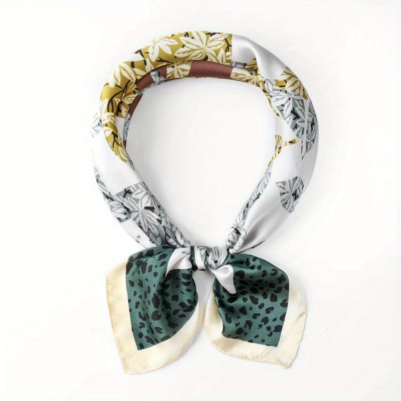 Leopard Leaf Print Bandana Square Scarf Satin Neckerchief Boho Hair Accessories
