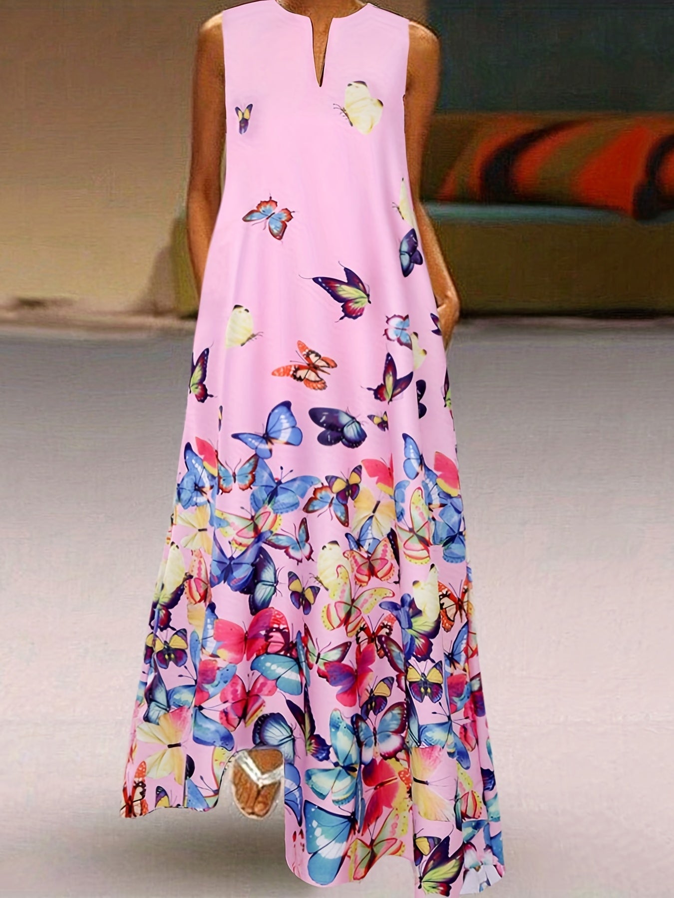 Butterfly Print V Neck Dress Sleeveless Casual Dress