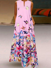 Butterfly Print V Neck Dress Sleeveless Casual Dress