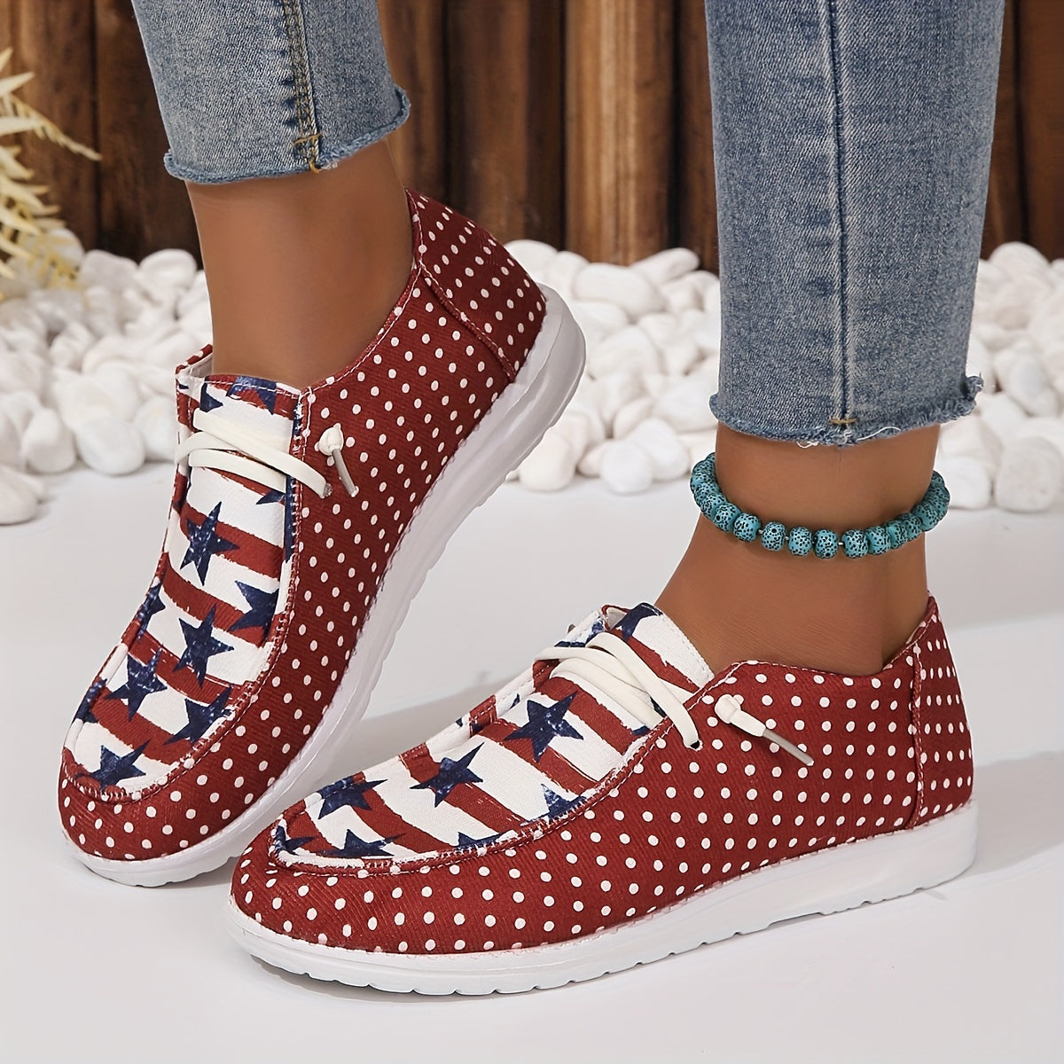 Women's Polka Dot & Star Pattern Canvas Shoes Casual Lace Up Outdoor Shoes