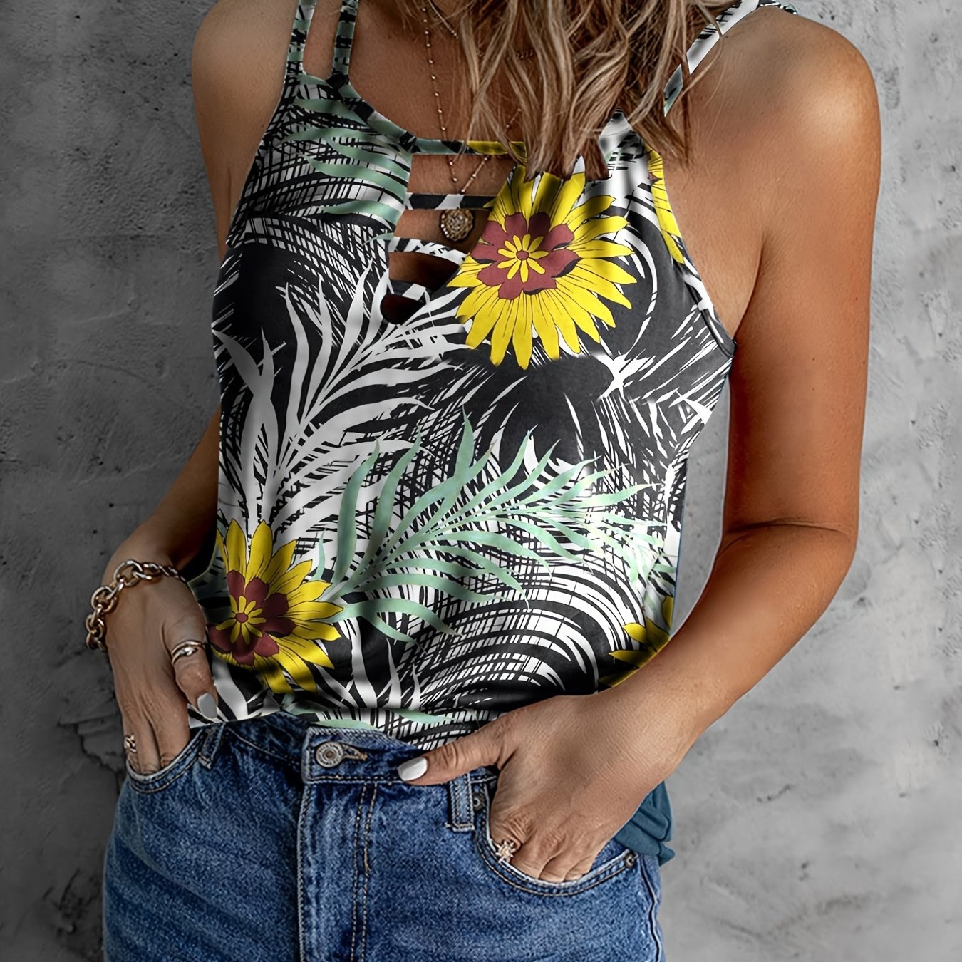 Floral Tank Top Hollow Out Summer Polyester Women's Clothing