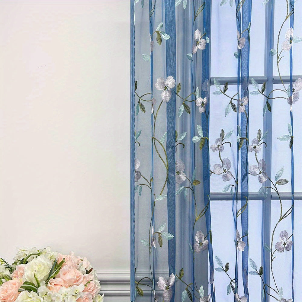 Floral Embroidered Sheer Curtain Rod Pocket Rustic Voile Sheer Window Tulle