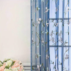 Floral Embroidered Sheer Curtain Rod Pocket Rustic Voile Sheer Window Tulle