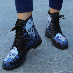 Women's Skull Print Combat Boots Lace Up Chunky Heel Boots