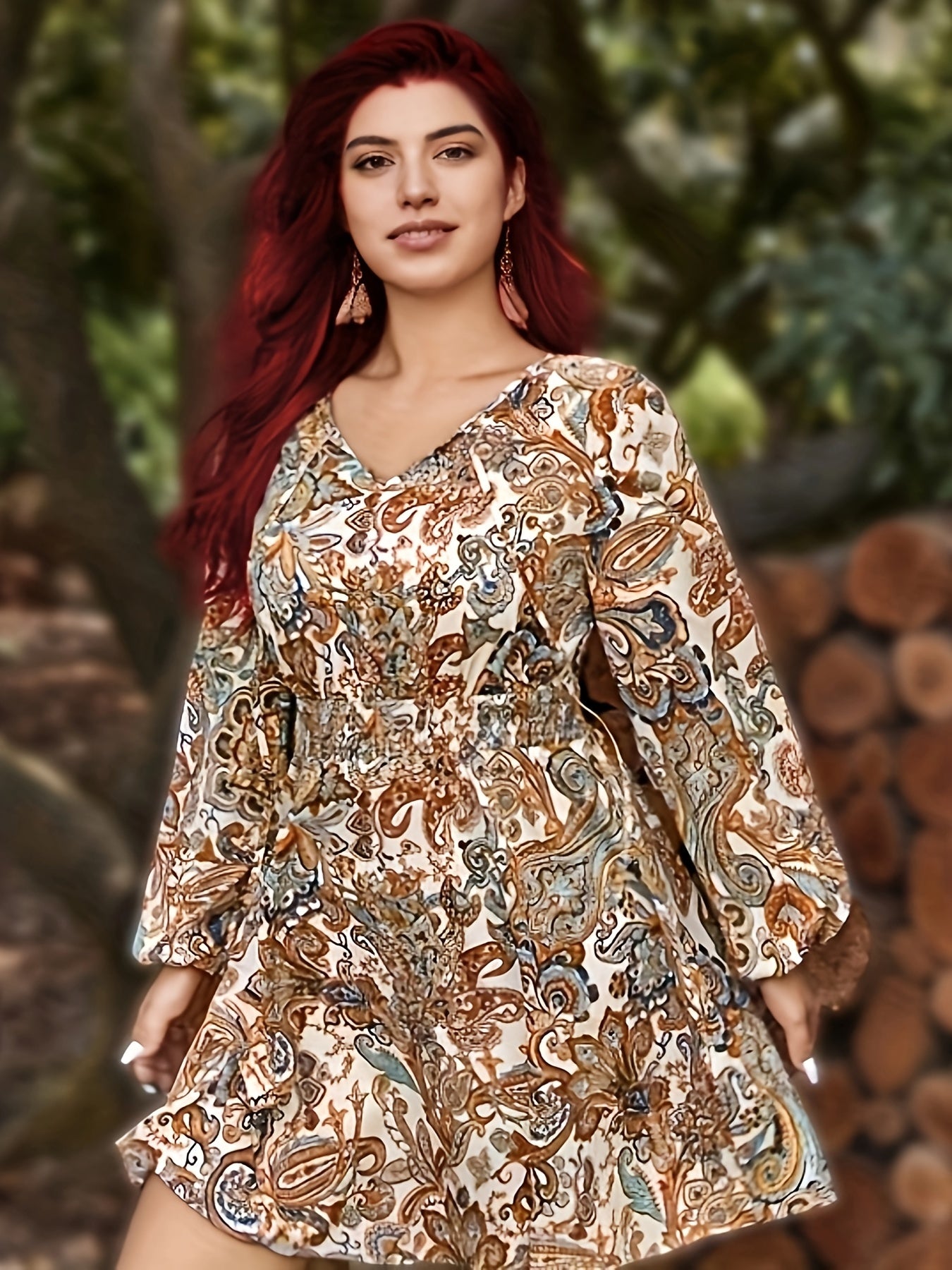 Plus Size Boho Paisley Print Round Neck Dress