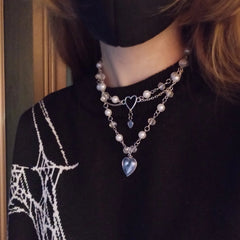 Silver Heart Beaded Choker Necklace Y2K Jewelry