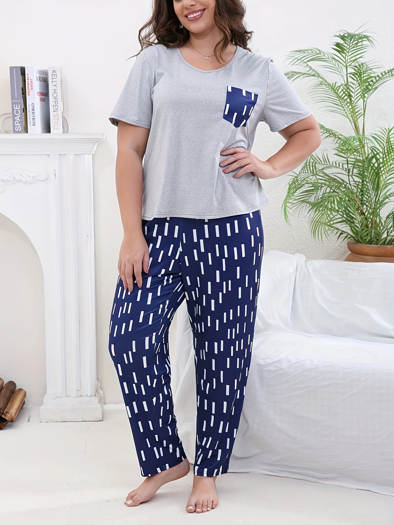 Casual Pajama Set Solid Short Sleeve Tee & Striped Pants