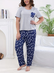 Casual Pajama Set Solid Short Sleeve Tee & Striped Pants
