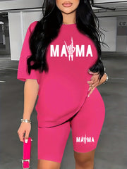 Mama Letter Print Short Sleeve T Shirt & Biker Shorts Set