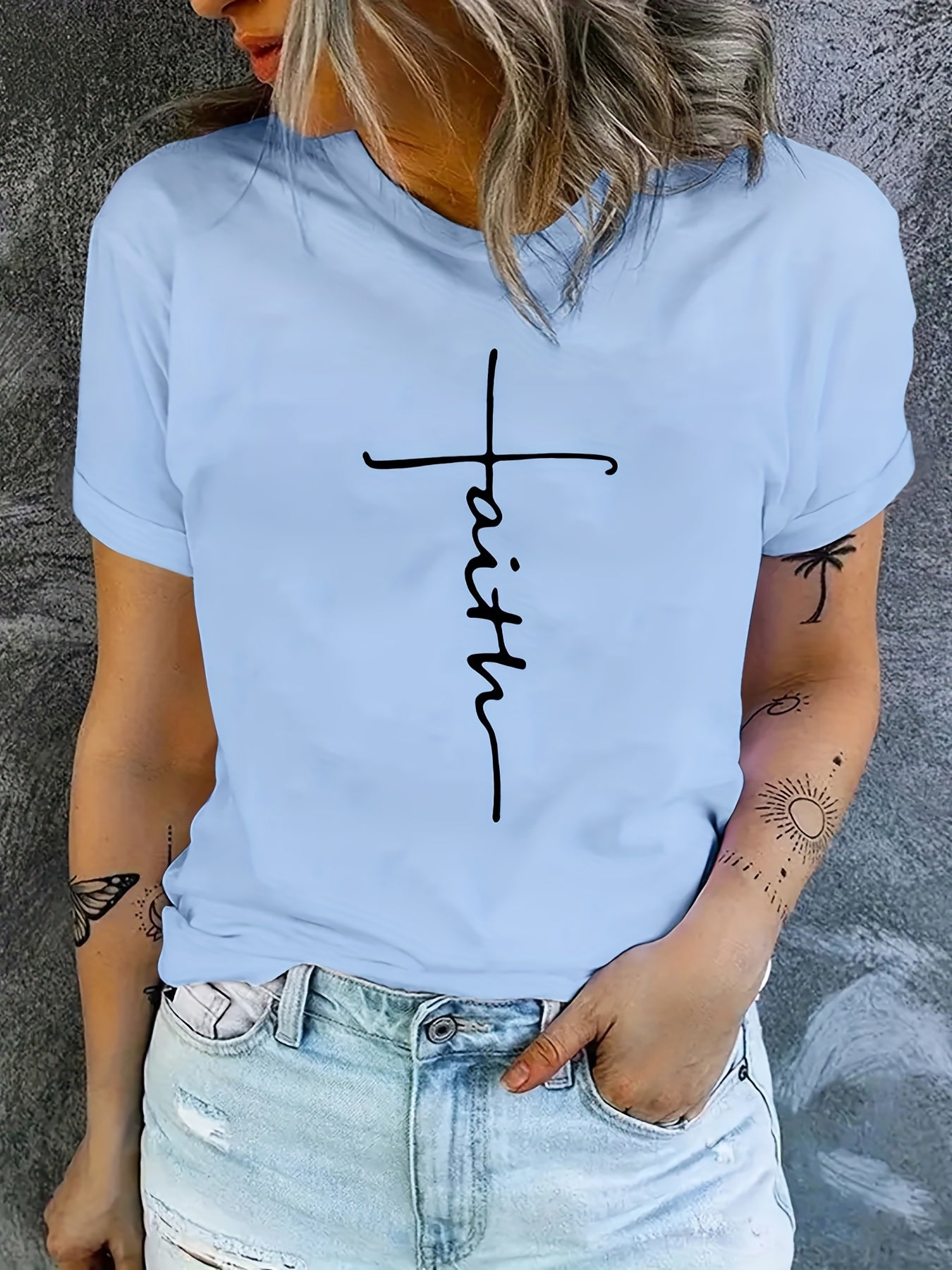Faith Letter Graphic Crew Neck T-Shirt for Women