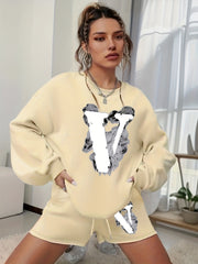 Women's Letter Print Sweatshirt & Shorts 2pcs Set