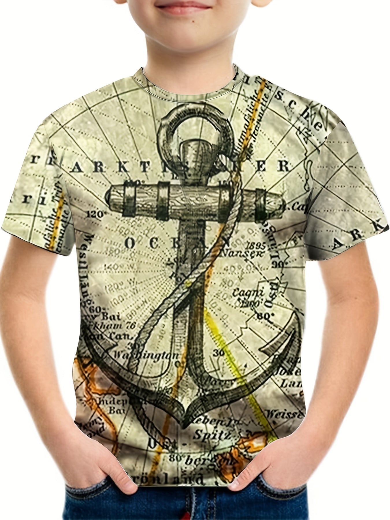 Vintage Anchor Graphic Tee for Boys - Breathable & Stretchy 3D Print Shirt
