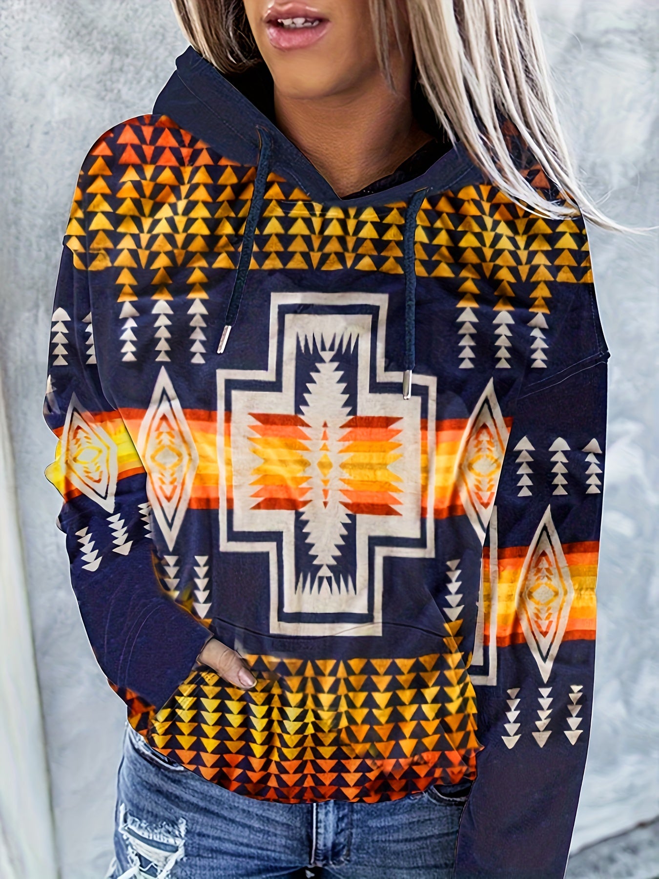 Ethnic Print Kangaroo Pocket Hoodie Casual Long Sleeve Hoodies