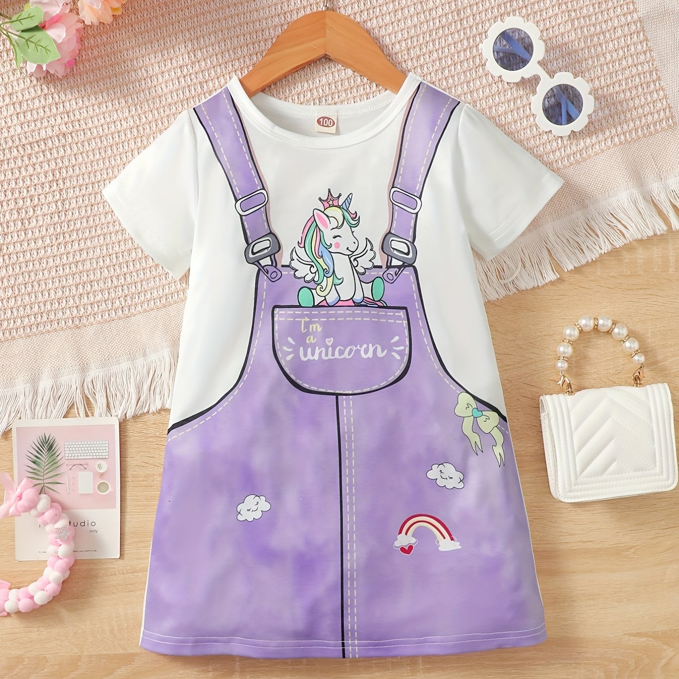 Toddler Girls Unicorn & Suspender Patterns Short Sleeve Dress