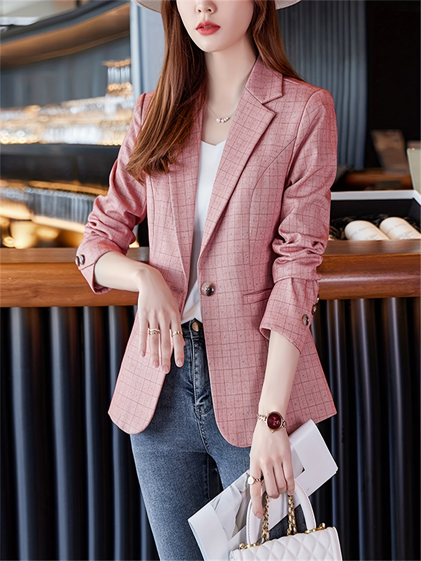 Plaid Pattern Button Front Blazer Lapel Long Sleeve For Office & Work