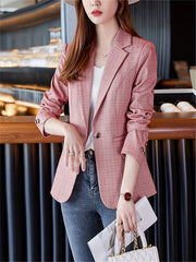 Plaid Pattern Button Front Blazer Lapel Long Sleeve For Office & Work