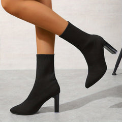 Women's Knit Block Heel Boots Point Toe Comfortable Dress Boots