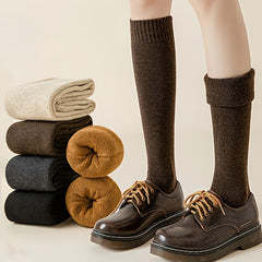 5 Pairs Warm Knee High Calf Socks Women's Stockings Solid Color