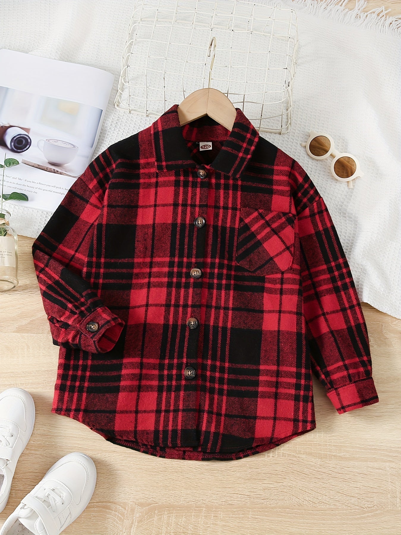 Boys Flannel Jacket Plaid Long Sleeve Lapel Button Down Shirt