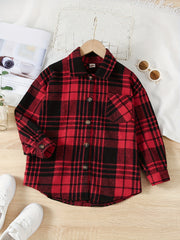Boys Flannel Jacket Plaid Long Sleeve Lapel Button Down Shirt