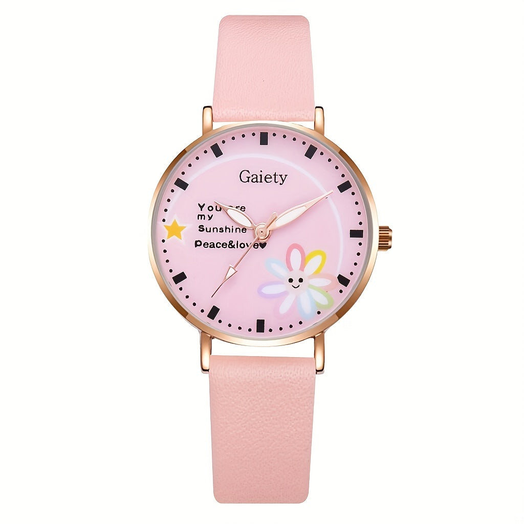 Flower Smile Face Cartoon Girls Quartz Watch Leather Daughter Gift