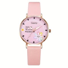 Flower Smile Face Cartoon Girls Quartz Watch Leather Daughter Gift