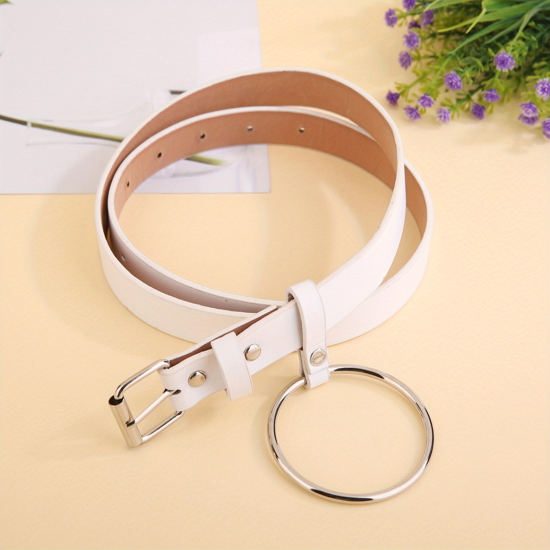 Square Pin Buckle Belt Big Ring Decor Casual Belt for Women